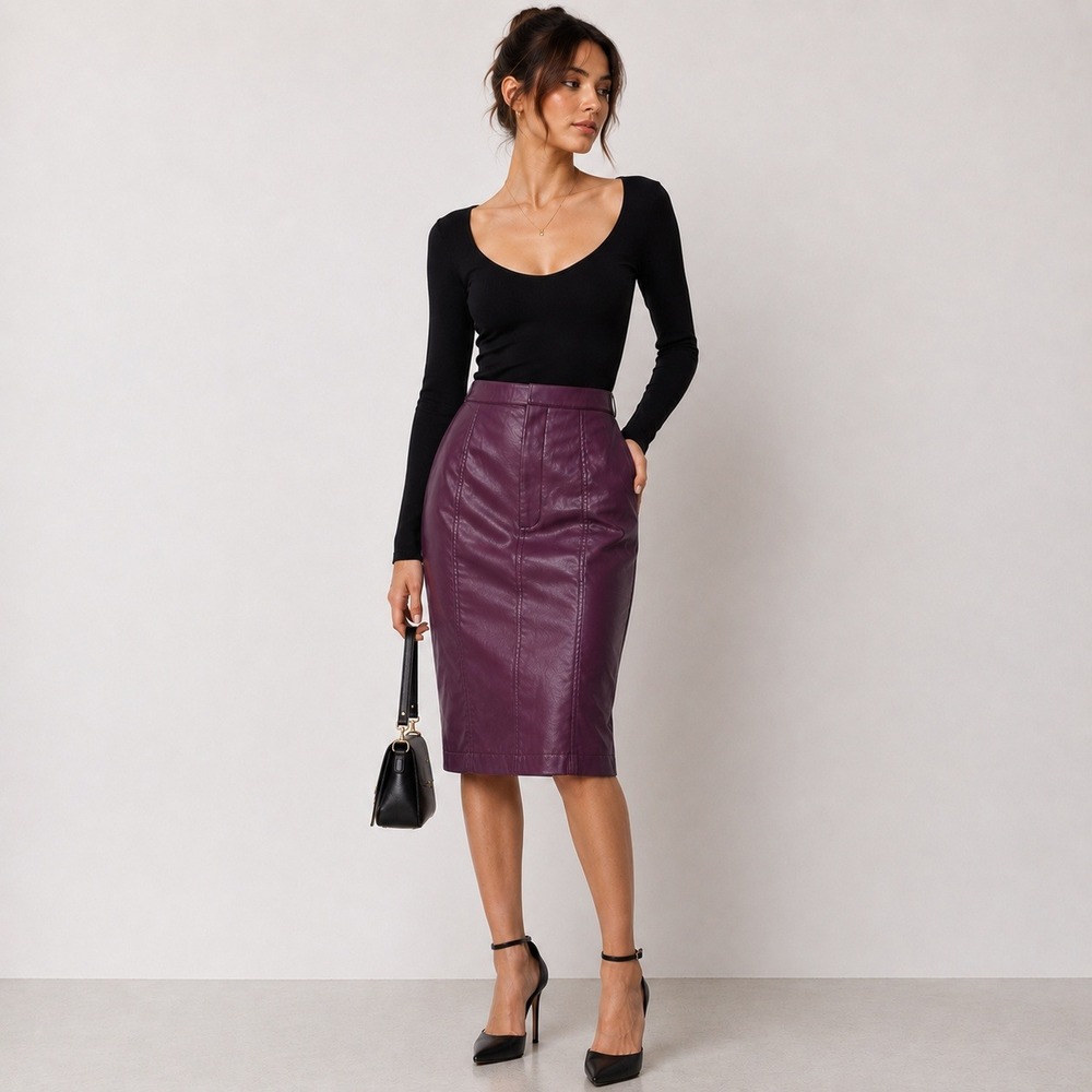 NSR Pencil Skirt M Purple Faux Leather High Waist Midi Office Edgy Dark Academia